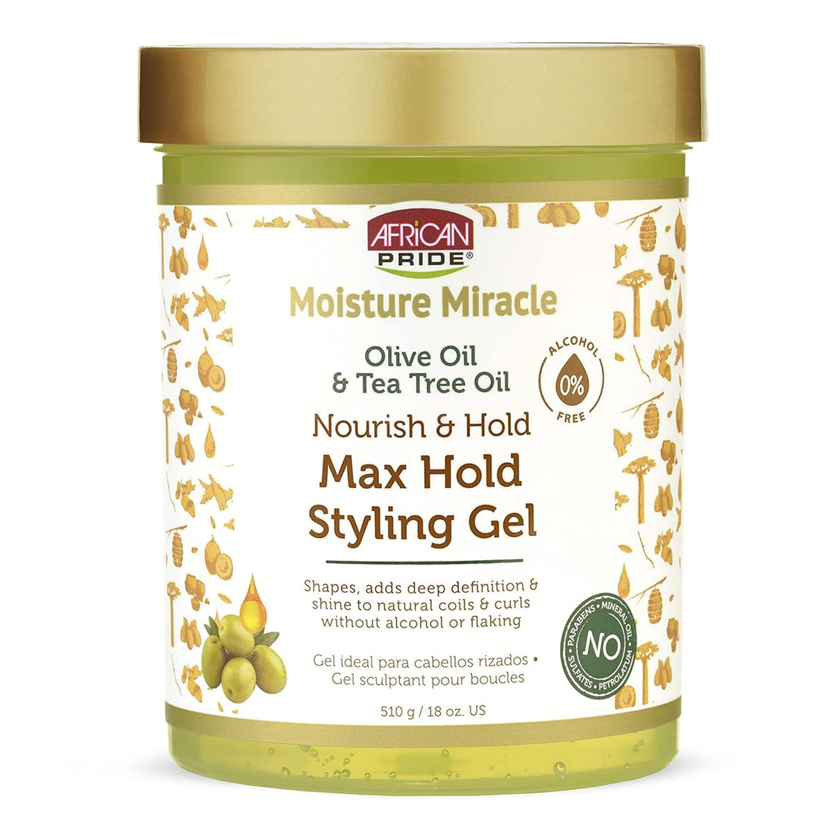 African Pride - Moisture Miracle Olive Oil & Tea Tree Oil Nourish & Hold Max Hold Styling Gel - 510g [USA]