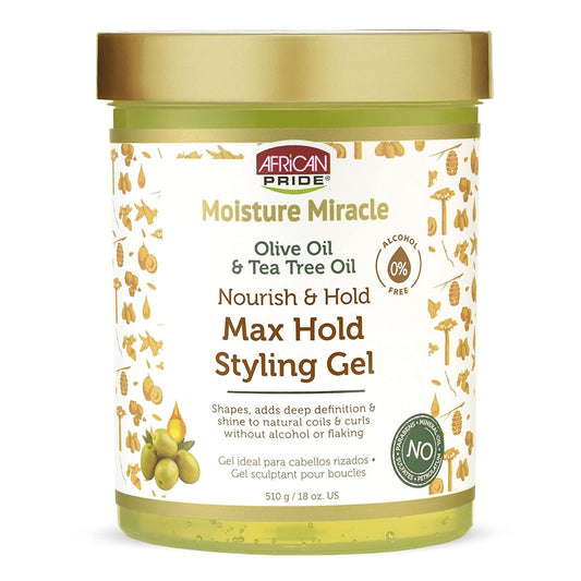 African Pride - Moisture Miracle Olive Oil & Tea Tree Oil Nourish & Hold Max Hold Styling Gel - 510g [USA]