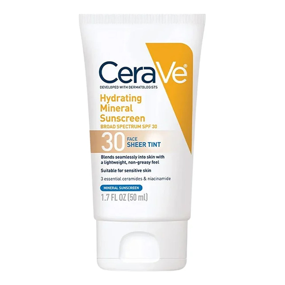 Cerave - Hydrating Mineral Sunscreen With 3 Essential Ceramides & Niacinamide For Face Sheer Tint Broad Spectrum SPF30 Suitable For Sensitive Skin - 50ml [USA]