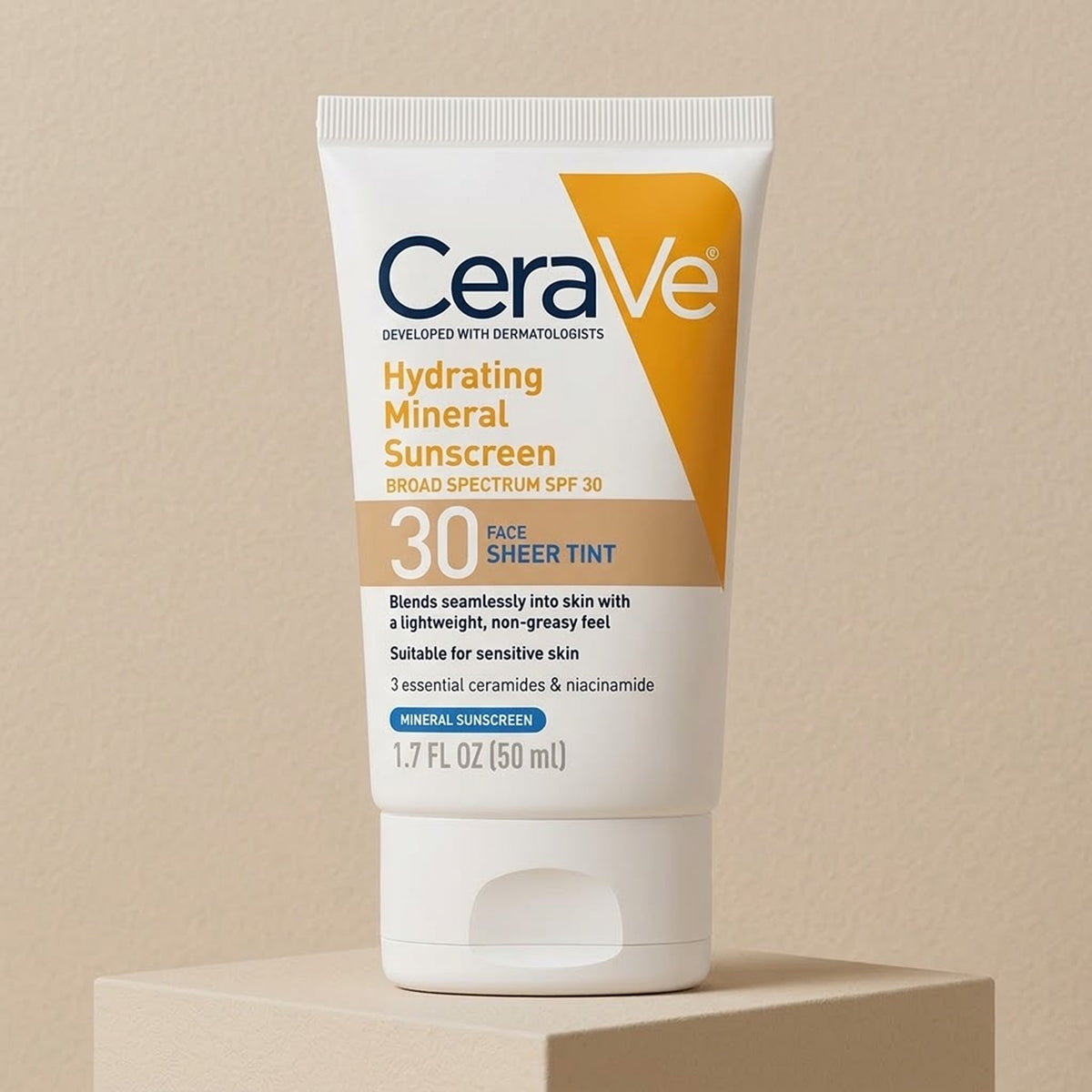 Cerave - Hydrating Mineral Sunscreen With 3 Essential Ceramides & Niacinamide For Face Sheer Tint Broad Spectrum SPF30 Suitable For Sensitive Skin - 50ml [USA]