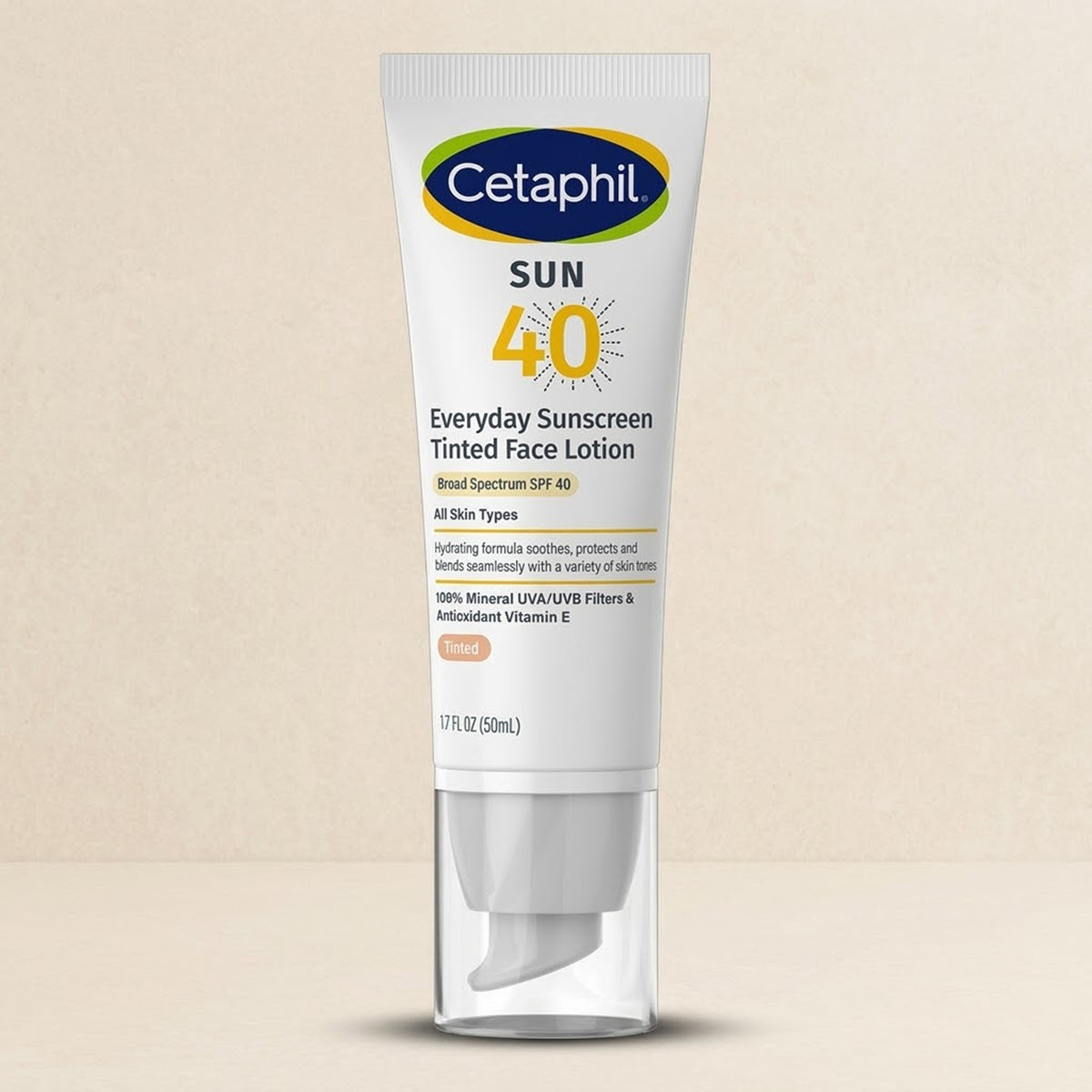 Cetaphil - Sun Everyday Sunscreen Tinted Face Lotion With 100% Mineral UVA/UVB Filters & Antioxidant Vitamin E For All Skin Types Broad Spectrum SPF 40 - 50ml [USA]
