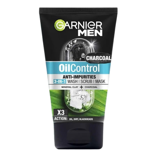 Garnier Men - Oil Control Anti-Impurities 3 In 1 Charcoal Wash, Scrub & Mask With Mineral Clay + Charcoal - 100ml [Indonesia]