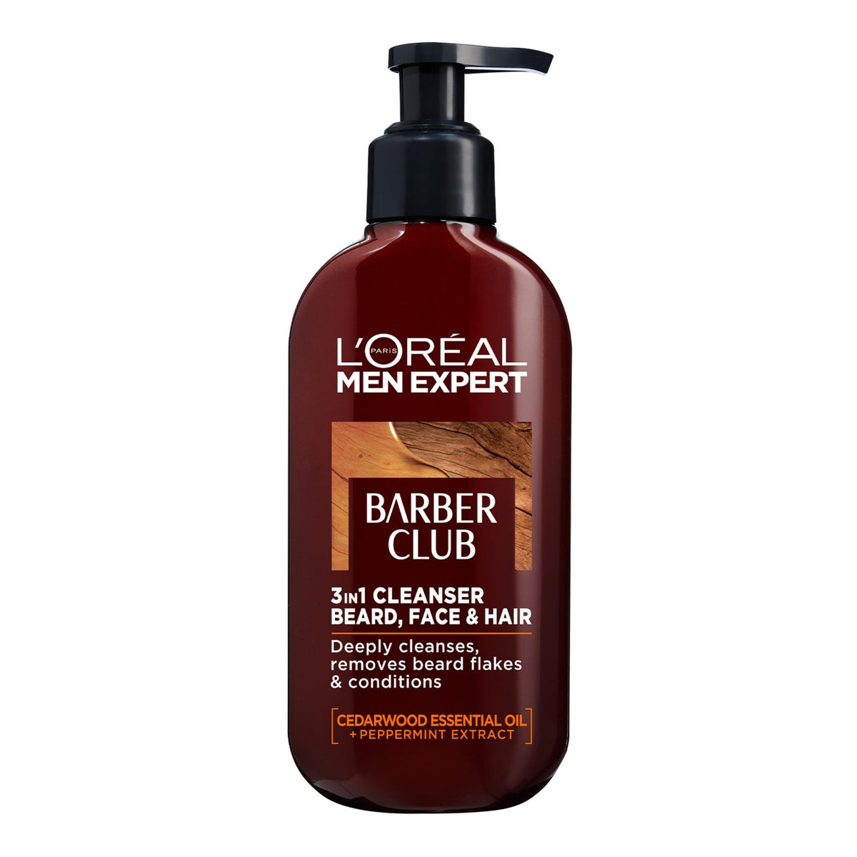 L'Oreal Paris Men Expert - Barber Club 3 In 1 Cleanser For Beard, Face & Hair With Cedarwood Essential Oil + Peppermint Extract - 200ml [Poland]