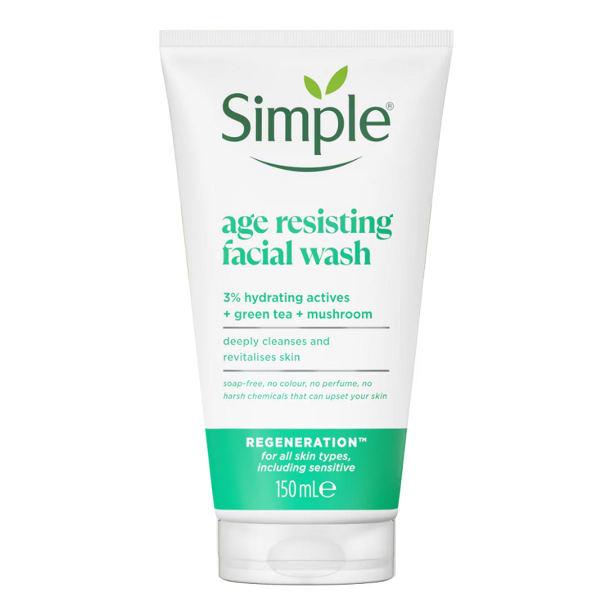 Simple - Regeneration Age Resisting Facial Wash With 3% Hydrating Actives + Green Tea + Mushroom For All Skin Types, Including Sensitive - 150ml [Poland]
