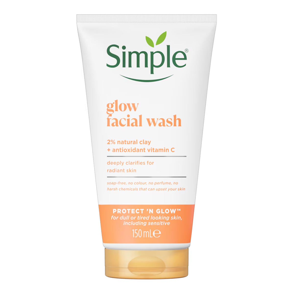 Simple - Protect 'N' Glow Glow Facial Wash With 2% Natural Clay + Antioxidant Vitamin C For Dull Or Tired Looking Skin, Including Sensitive - 150ml [Poland]